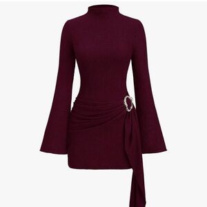 Burgundy Mock Neck Mini Dress with Decorative Buckle Worn Once